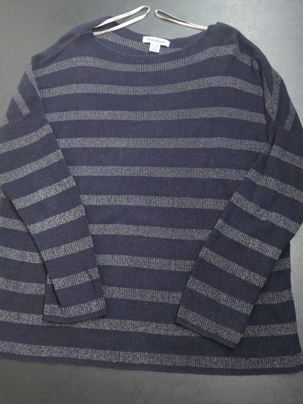 Tommy Bahama Navy and Gray Striped Off-the-Shoulder Sweater